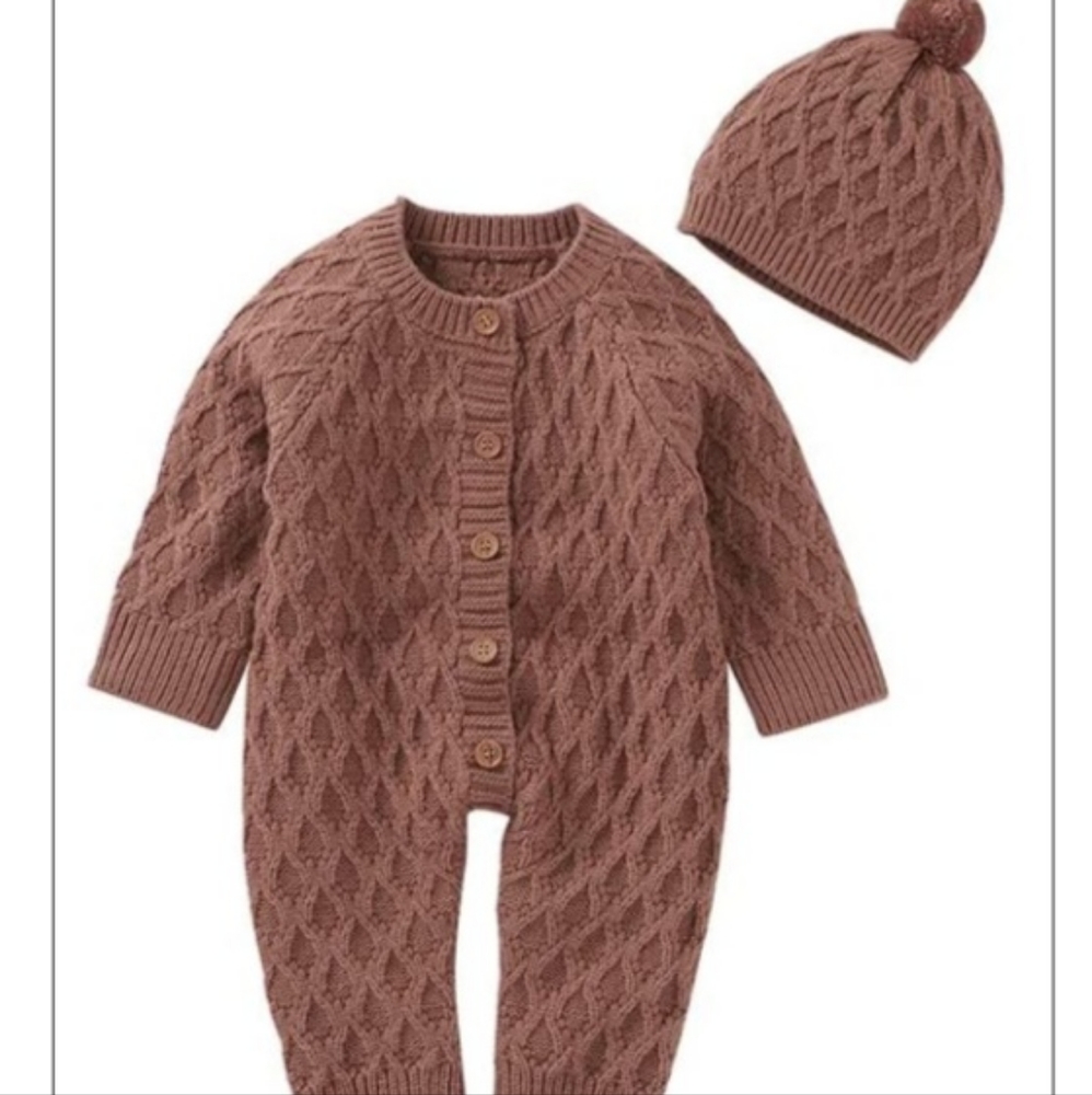  Baby Knit Jumpsuit with Matching Hat Cotton Knitted Romper Longsleeve Outfit 